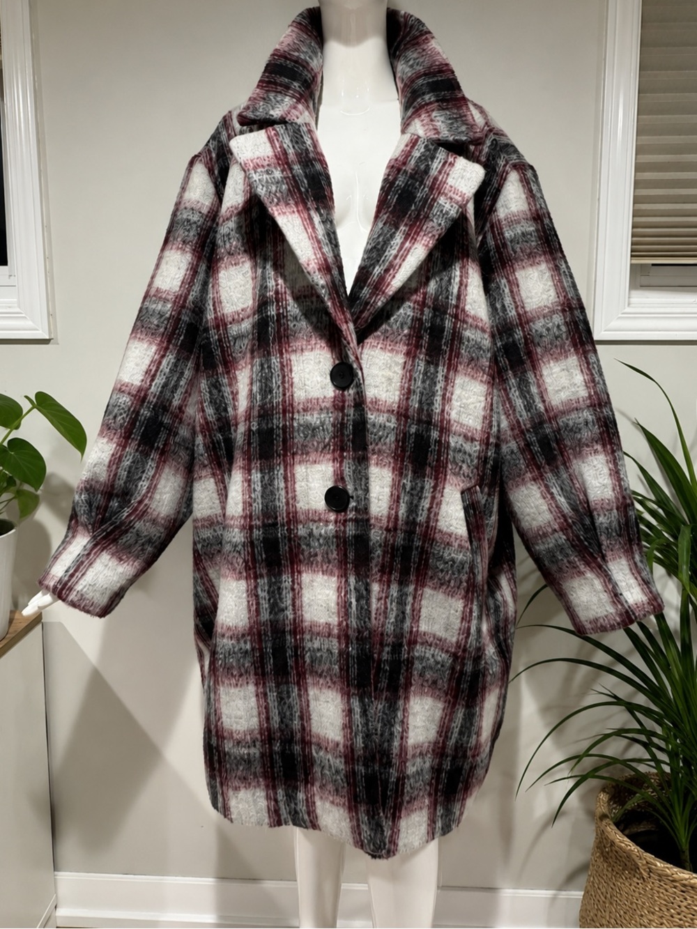 Addition Elle Plaid Coat Jacket 4X Burgundy Grey Wool Blend Oversized